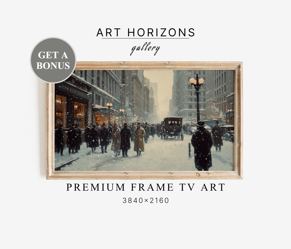 Vintage New York City Snowy Street Crowd Lampposts Frame TV Art Print
