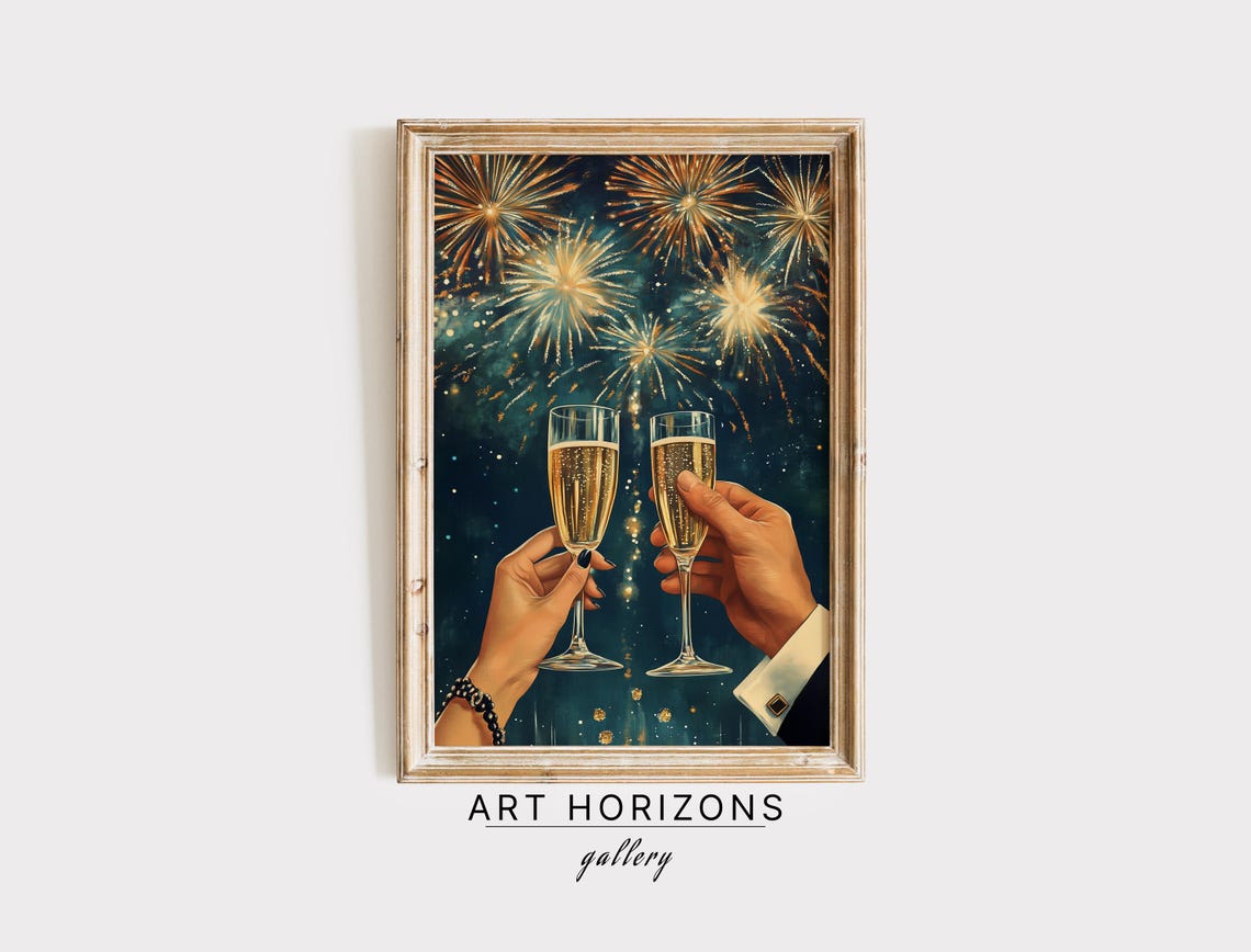 New Year Champagne Toast Fireworks Night Retro Celebration Print
