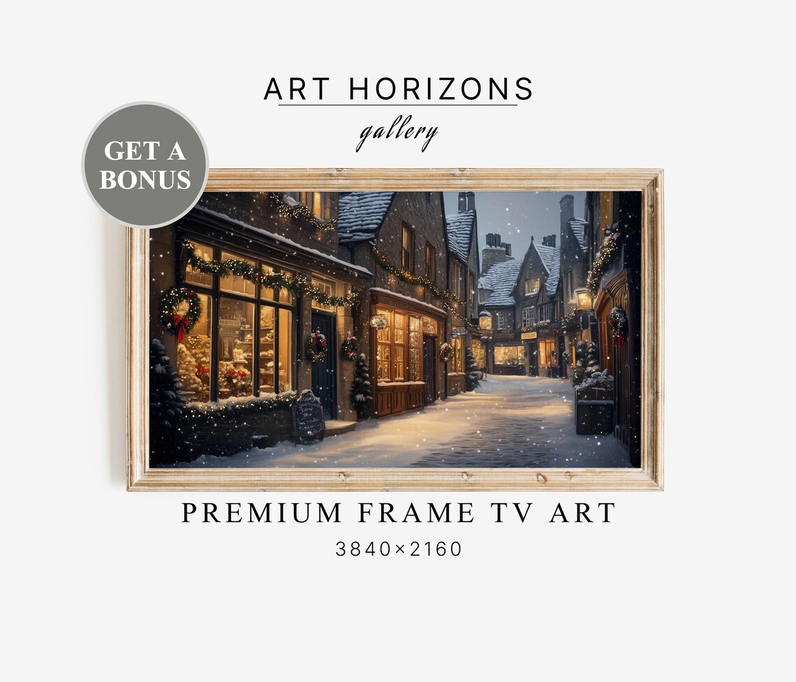 Cozy Snowy Village Street Lit Shops Garlands Winter Night Print