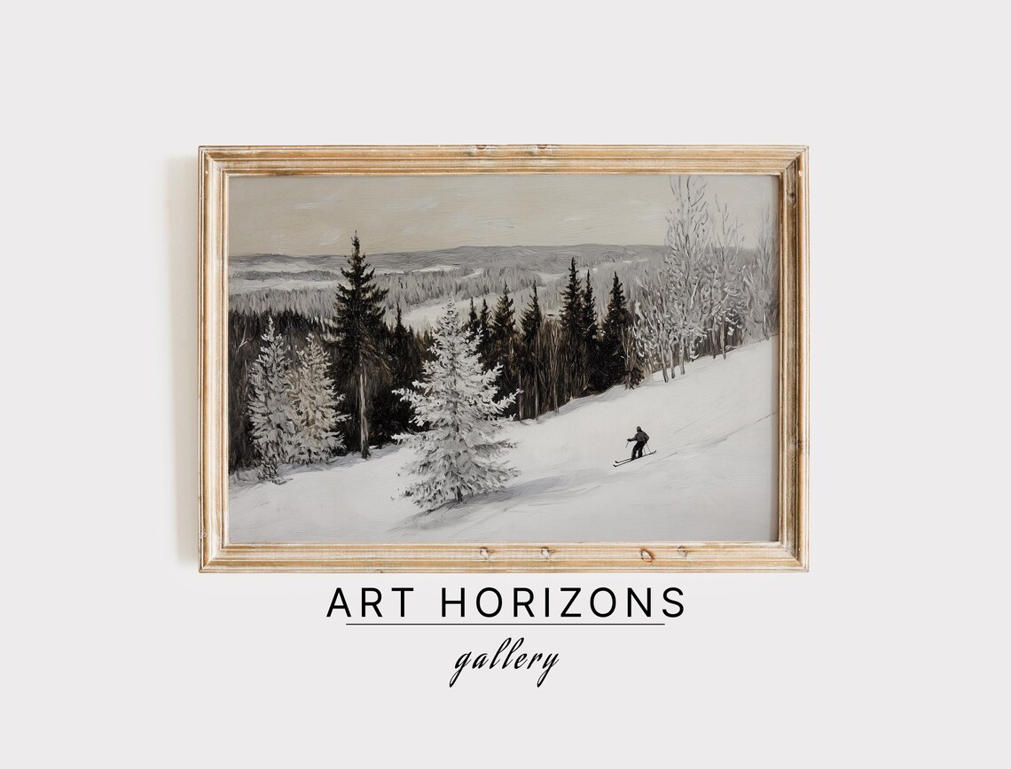 Snowy Winter Landscape Art Print Skier Abstract Oil Painting Vintage Nordic Farmhouse Art Wall Art A197