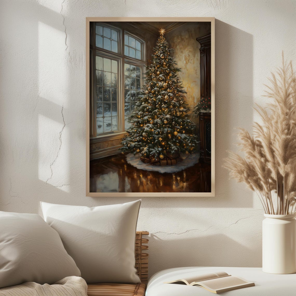 Elegant Christmas Tree Tall Windows Gold Ornaments Interior Print - Image 2