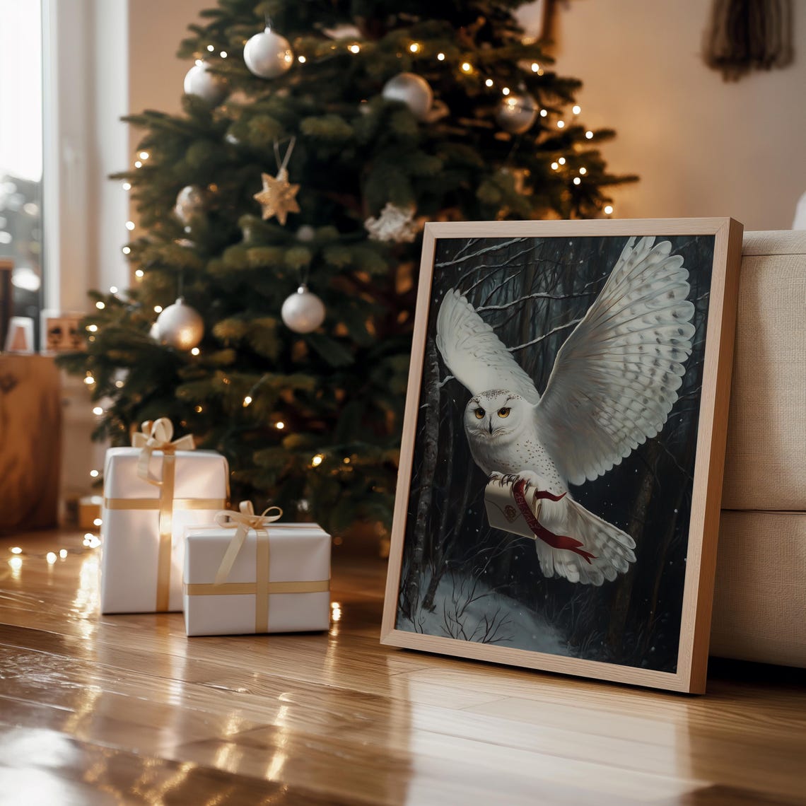 White Snowy Owl Flying Night Forest Gift Moody Vintage Wall Art Print - Image 4