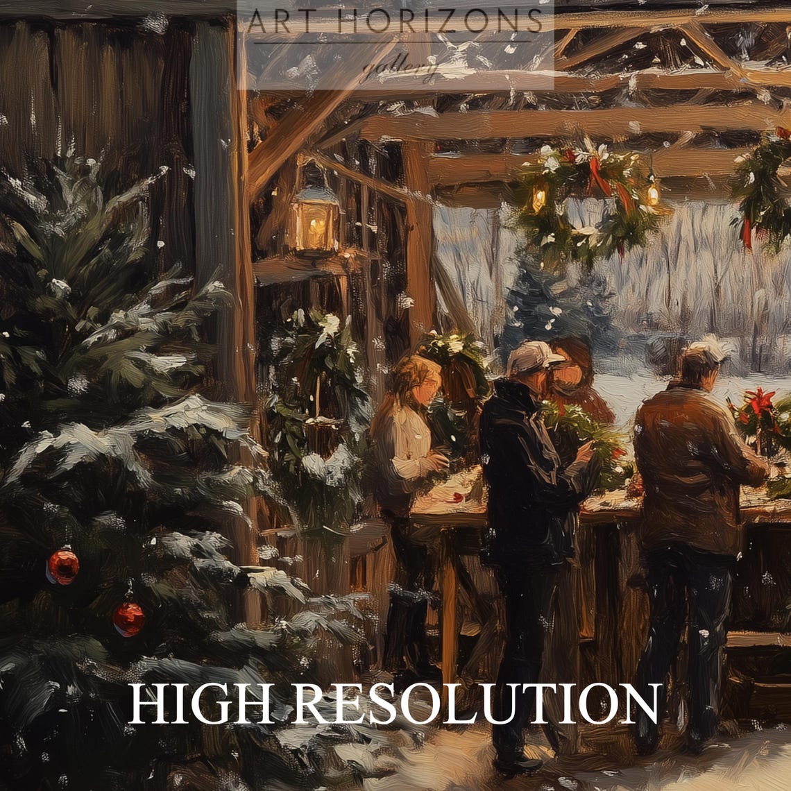 Snowy Christmas Wreath Workshop Rustic Wooden Barn Night Art Print - Image 3