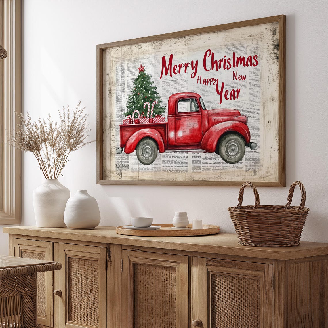 Merry Christmas Vintage Red Truck Tree Newspaper Background Print - Image 4