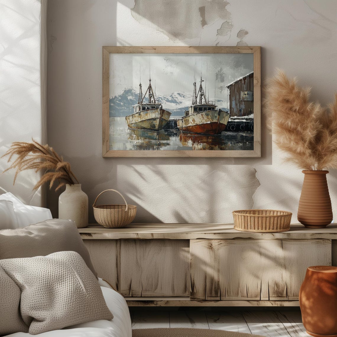 Weathered Fishing Boats At Harbor With Snowy Mountains Art Poster - Image 2