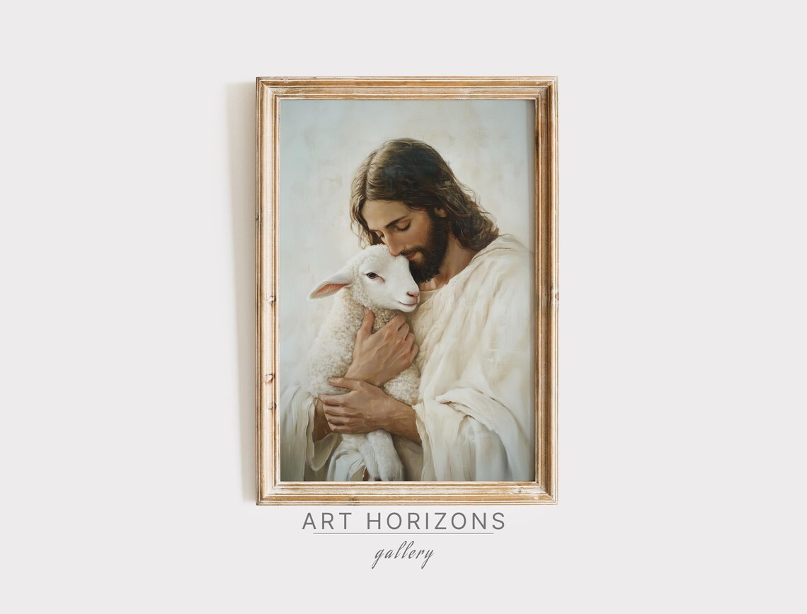 Christian Jesus Portrait Lamb Vintage Art Print