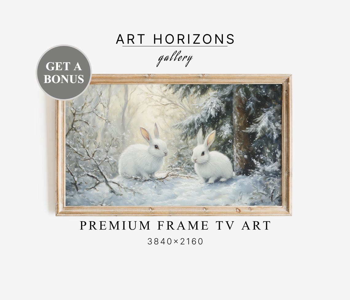 Two White Rabbits Snowy Winter Forest Soft Light Bunny Print