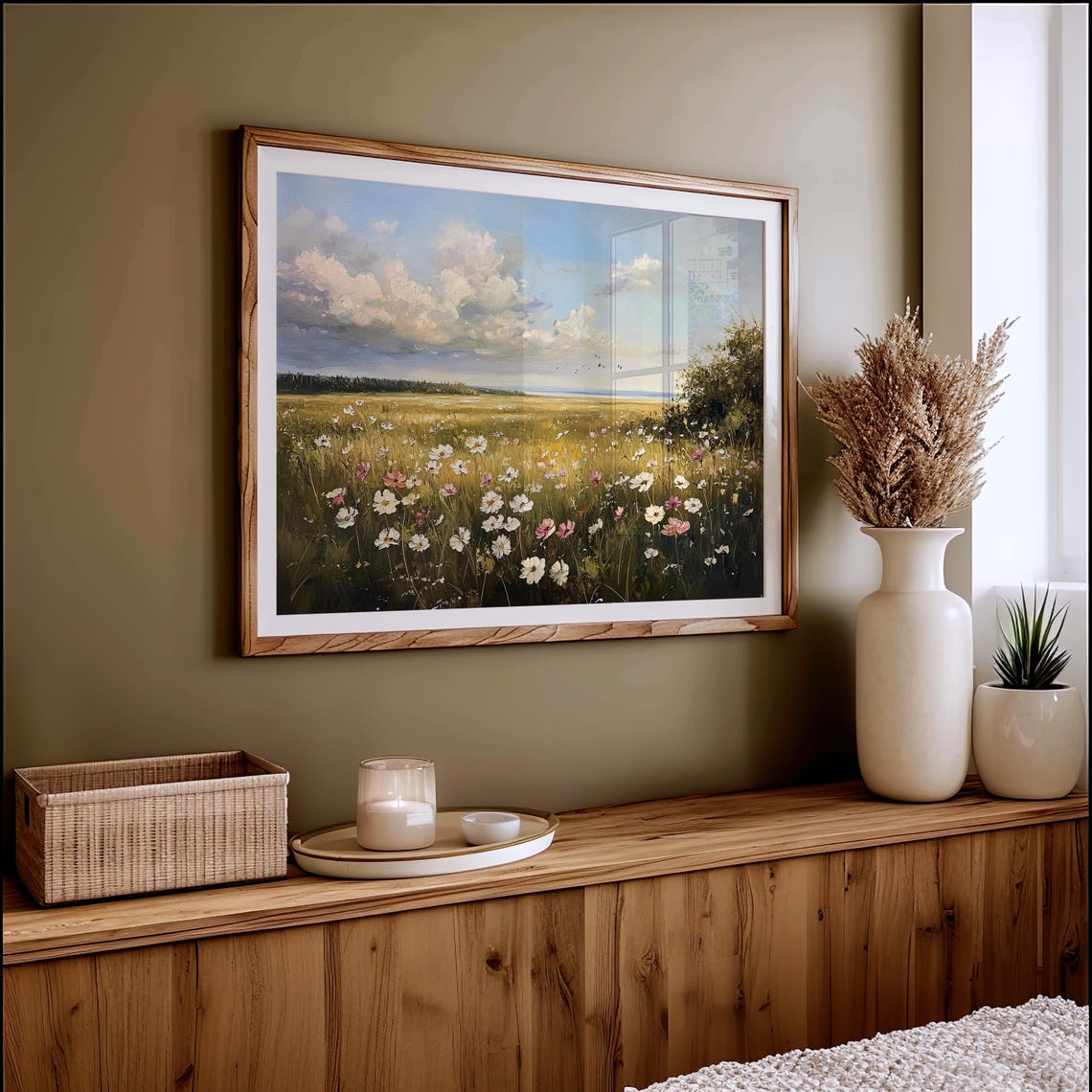 Summer Wildflower Meadow Under Big Clouds Blue Sky Landscape Poster - Image 4