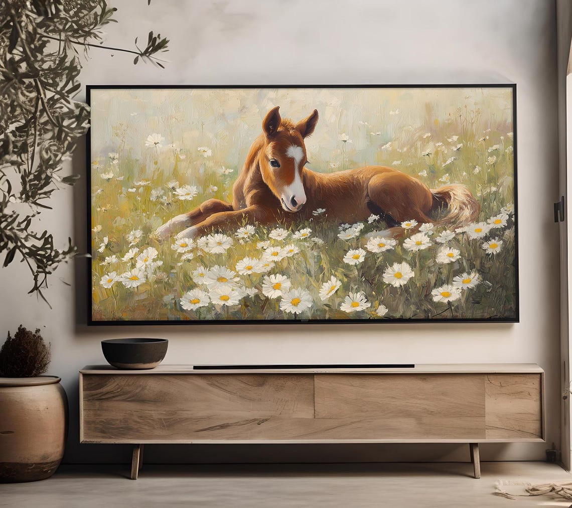 Baby Foal Lying Daisy Field Sweet Horse Painting Spring Farm Poster - Image 5