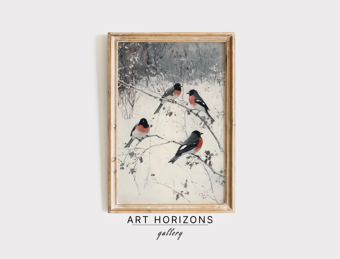 Four Bullfinches On Snowy Branches Winter Bird Oil Painting Poster