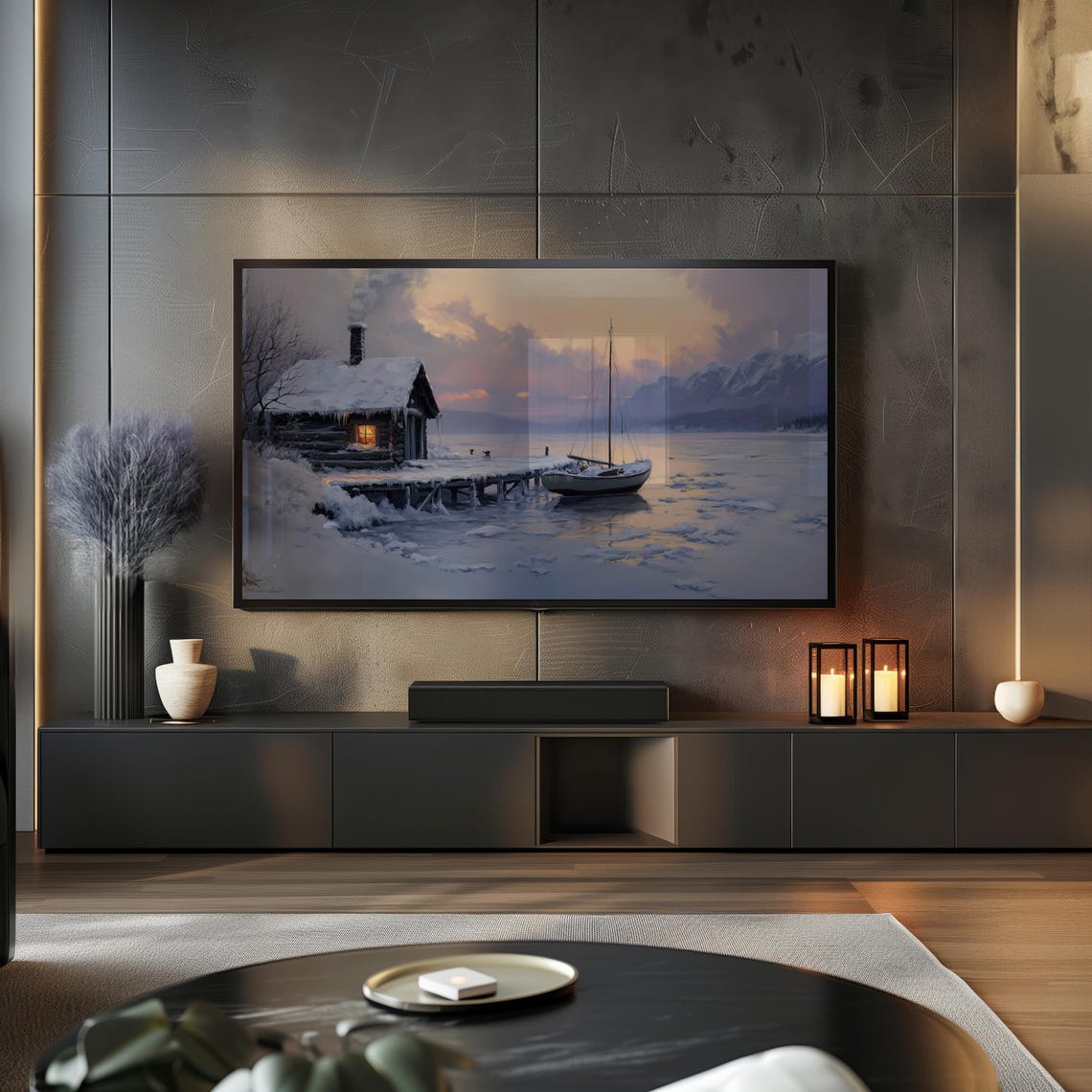 Winter Coastal Sailboat Frame Tv Art Vintage Style Seascape Lake Oil Painting Nautical Ocean Frozen Landscape Lg Screensaver Tv85 - Image 2