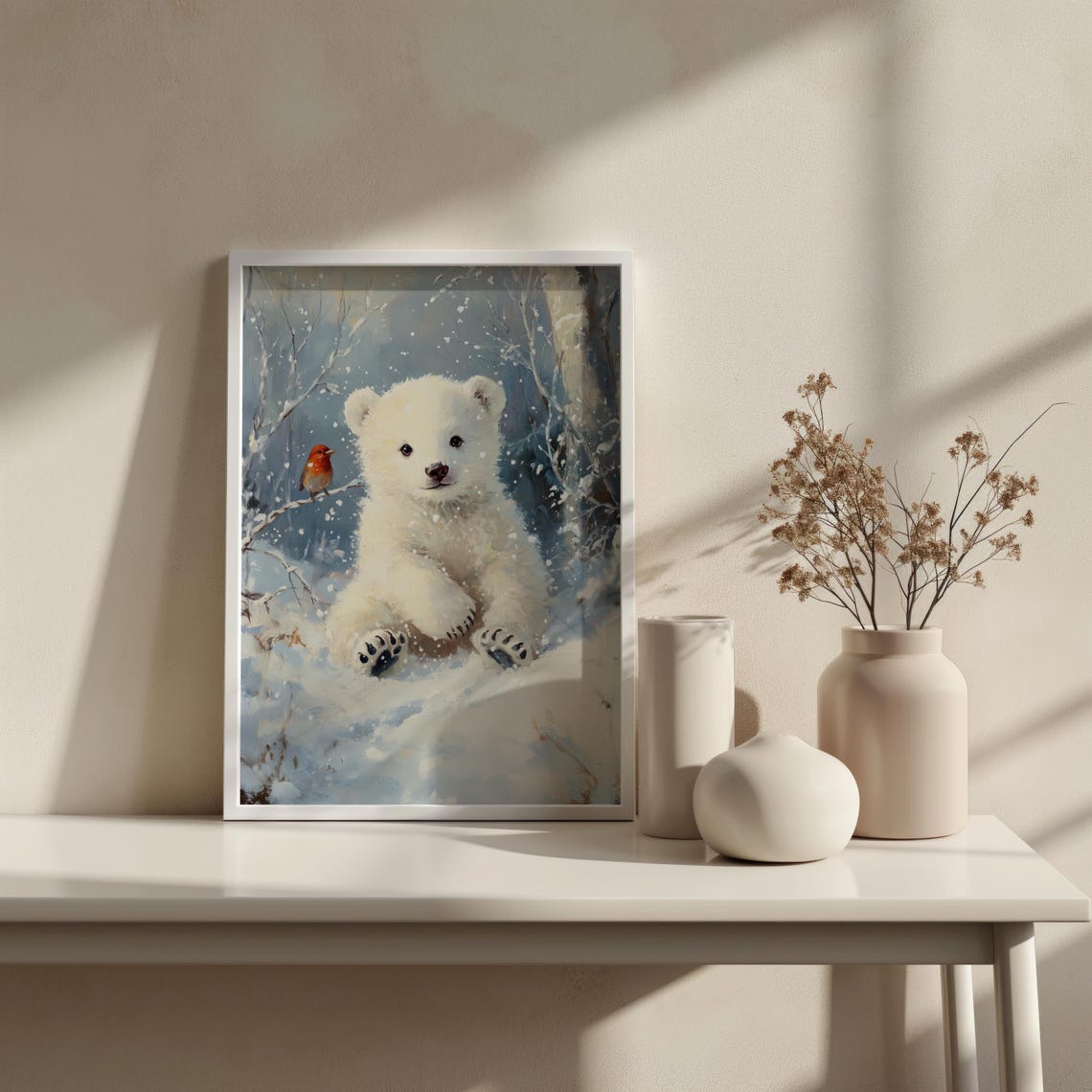 White Polar Bear Cub Snowy Forest Red Bird Winter Kids Wall Art Print - Image 2
