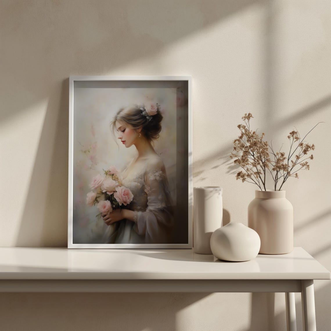 Romantic Woman Holding Pink Roses Soft Portrait In Blush Tones Poster - Image 4