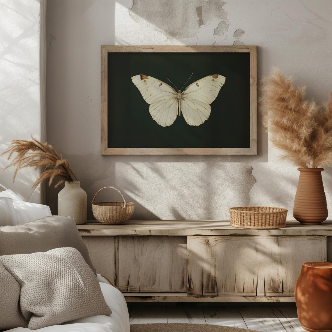 White Butterfly Dark Green Moody Background Antique Insect Wall Poster - Image 3