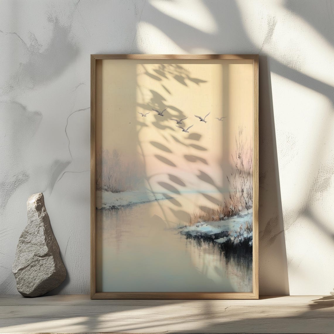 Soft Winter River At Dawn With Flying Birds Minimalist Art Poster - Image 4