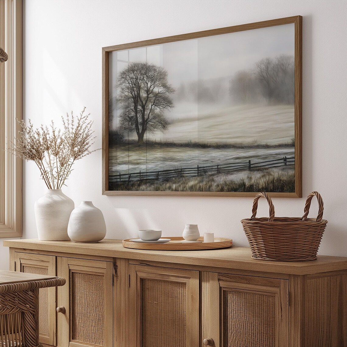 Misty Winter Field Fence Bare Trees Neutral Farmhouse Wall Art Poster - Image 4