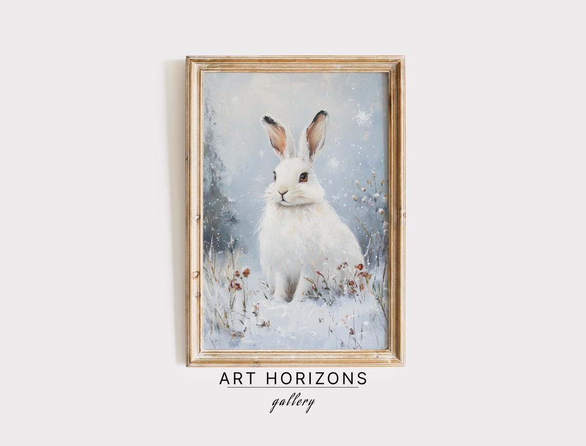White Arctic Hare In Snowy Field With Falling Snowflakes Art Poster