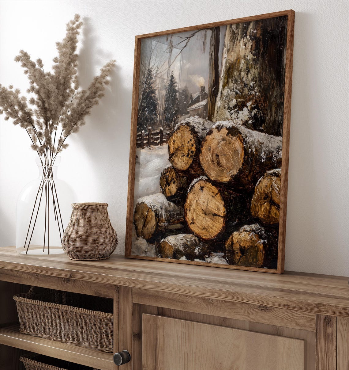 Vintage Winter Oil Painting Pile Of Wood Snow Landscape Farmhouse Cabbin Village Wall Art Firewood Forest Tree Home Decor A309 - Image 2