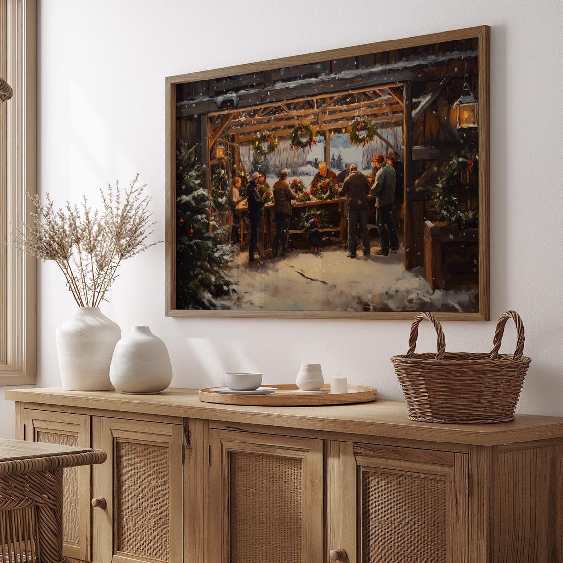 Snowy Christmas Wreath Workshop Rustic Wooden Barn Night Art Print - Image 2