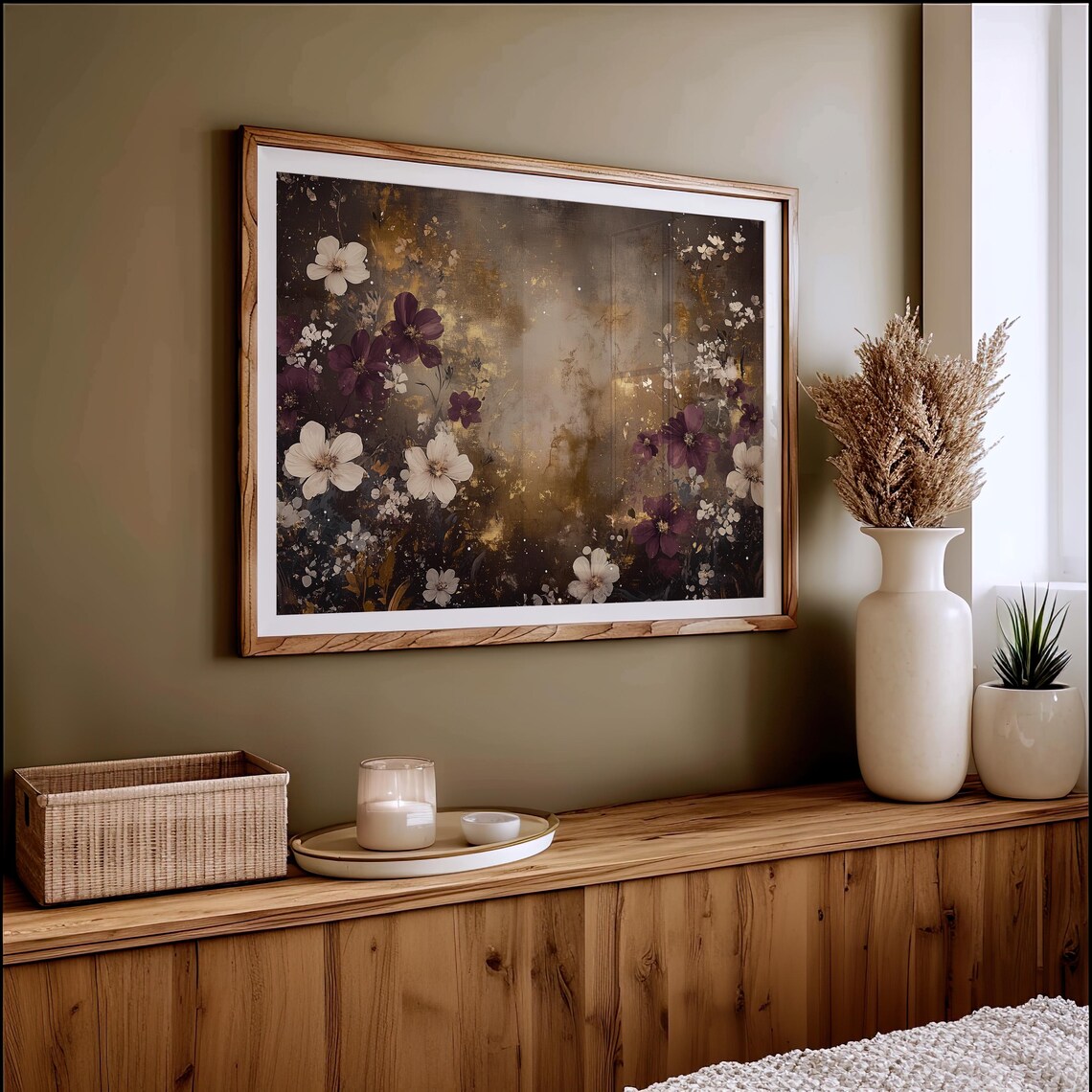 Burgundy And Cream Flowers With Golden Light Dark Floral Art Poster - Image 4