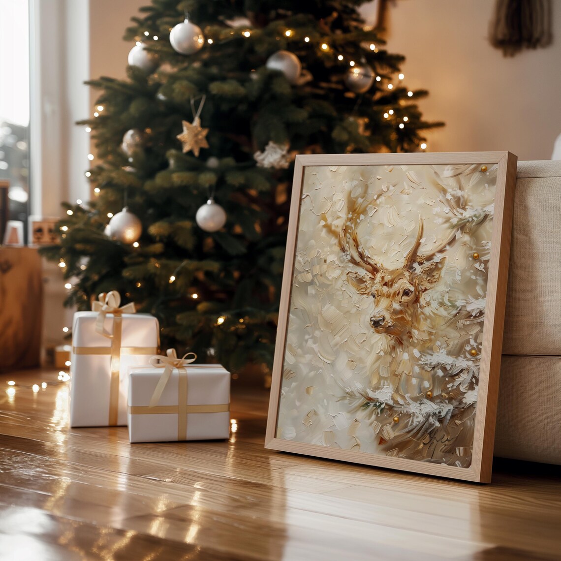 Majestic Golden Stag Deer Snowy Winter Impasto Oil Painting Wall Art - Image 2