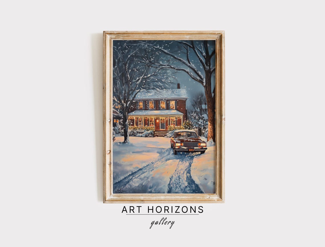 Brick House with Christmas Lights Vintage Car Snowy Night Art Print