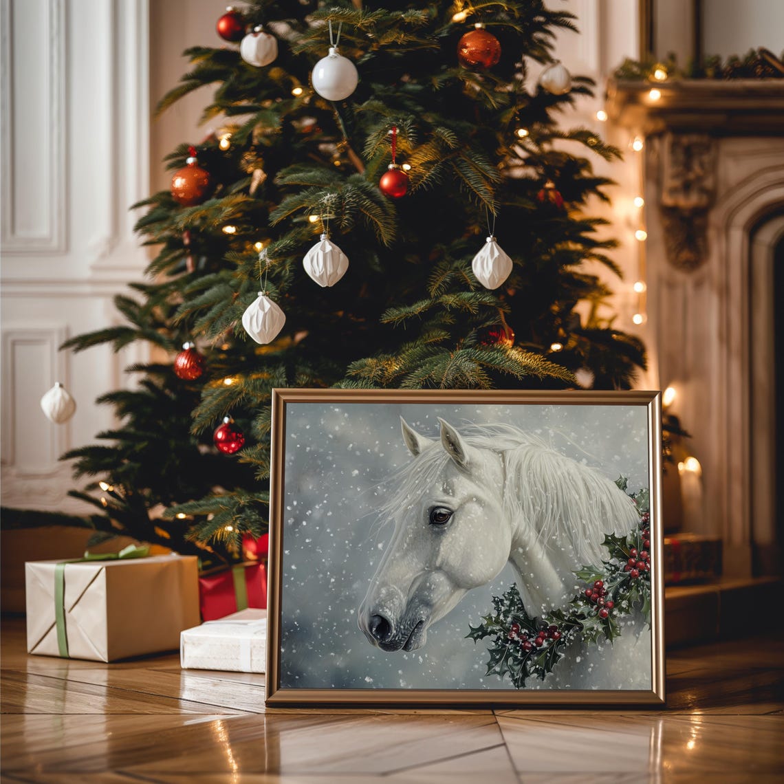 White Horse Portrait Wearing Holly Wreath In Falling Snow Art Poster - Image 3