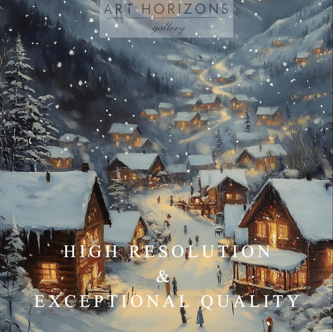 Snowy Mountain Village Night Glowing Chalets Falling Snow Art Print - Image 3