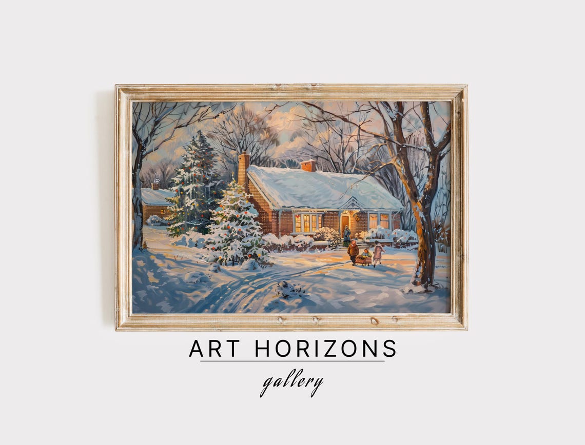 Snowy Brick Family House Sunset Sled Christmas Vintage Wall Art