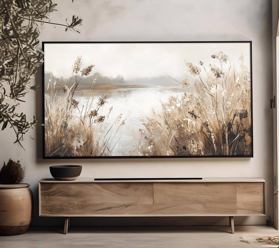 Misty Reeds Lakeshore Beige Abstract Vintage Neutral Landscape Poster - Image 4
