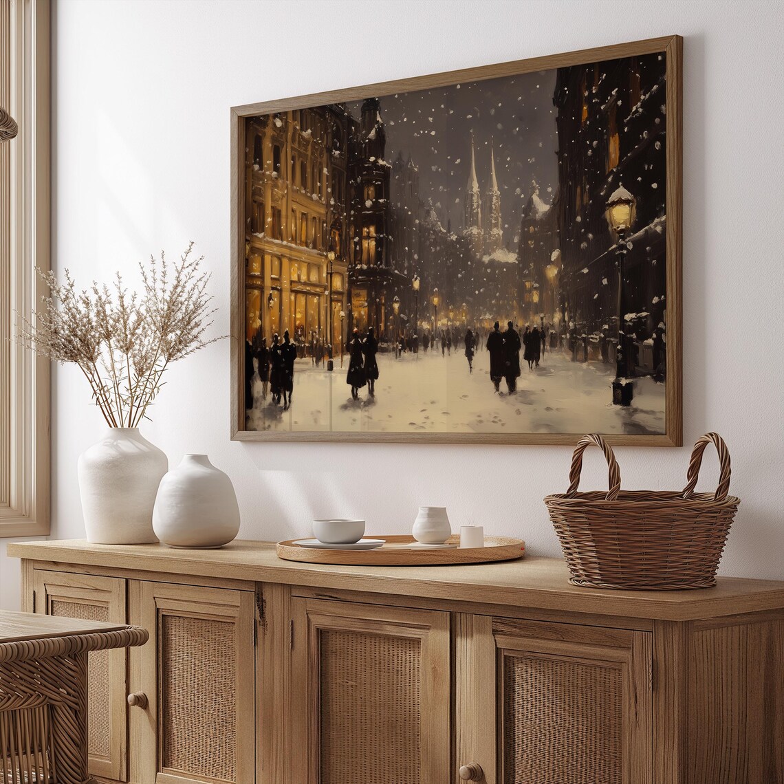 Snowy European Old Town Street Night Glowing Gas Lamps Vintage Poster - Image 4