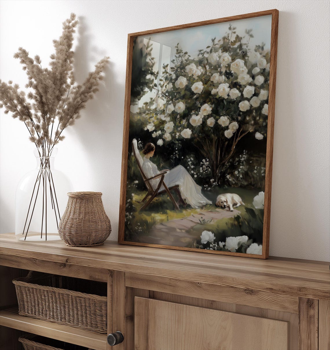 Vintage White Roses Garden Oil Painting Wall Art Woman Reading In Summer Rose Garden French Country Decor Home Art A290 - Image 3
