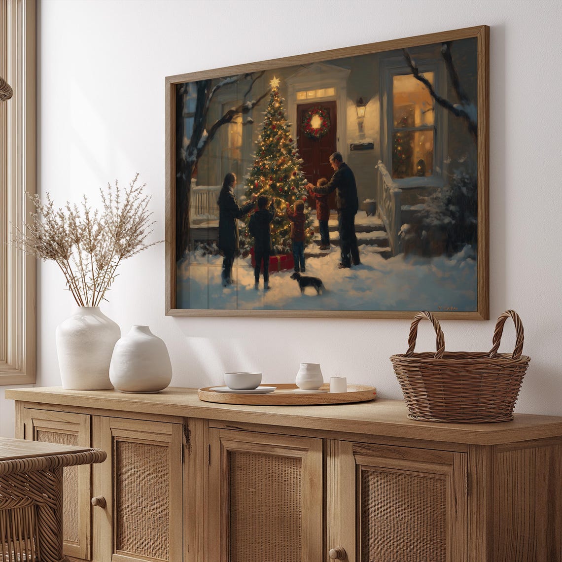 Vintage Christmas Wall Art Family Decorate Christmas Tree Christmas Oil Painting Living Room Wall Art Cottage Decor Art A114 - Image 2