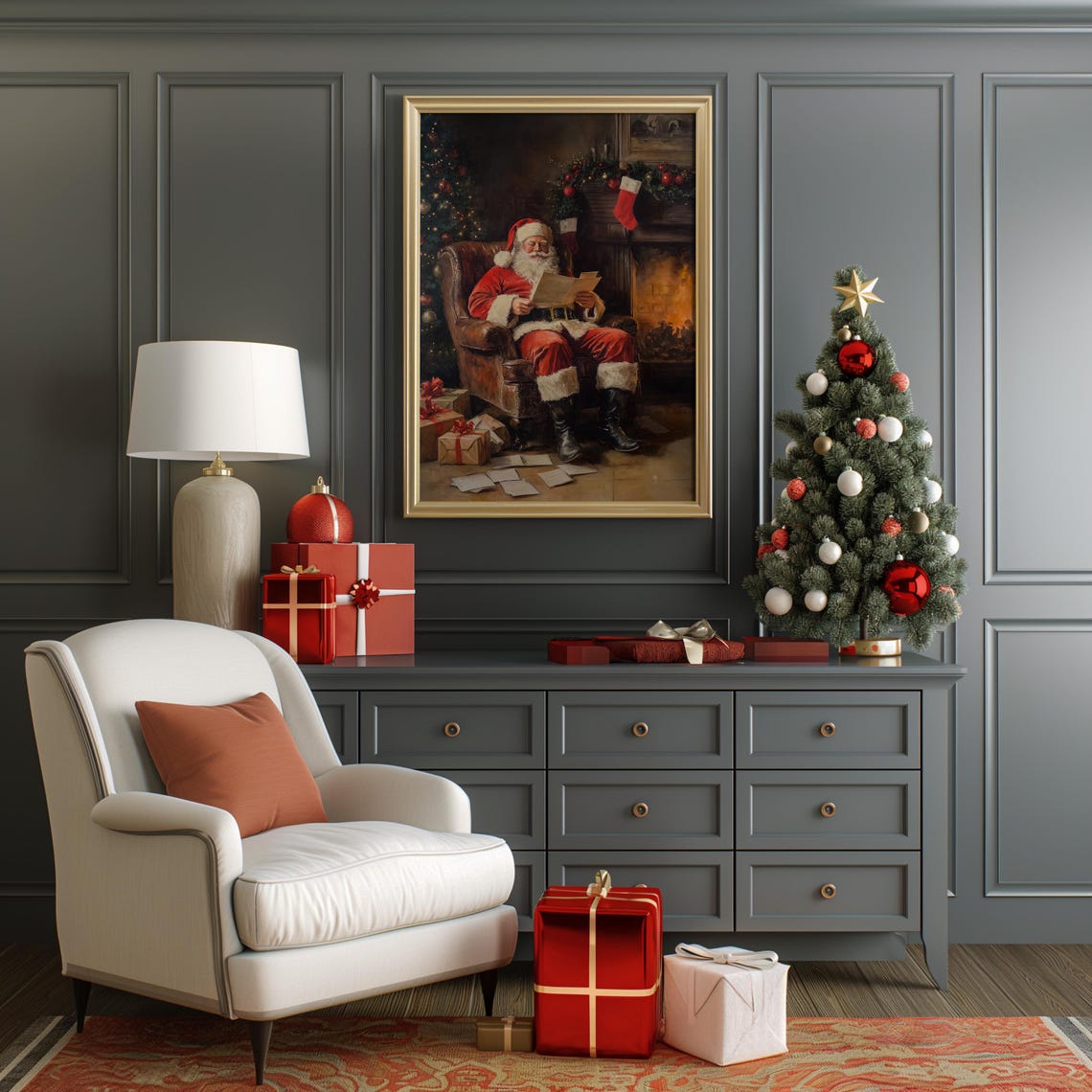 Santa Claus Reading Letters by Cozy Fireplace Christmas Art Print - Image 2