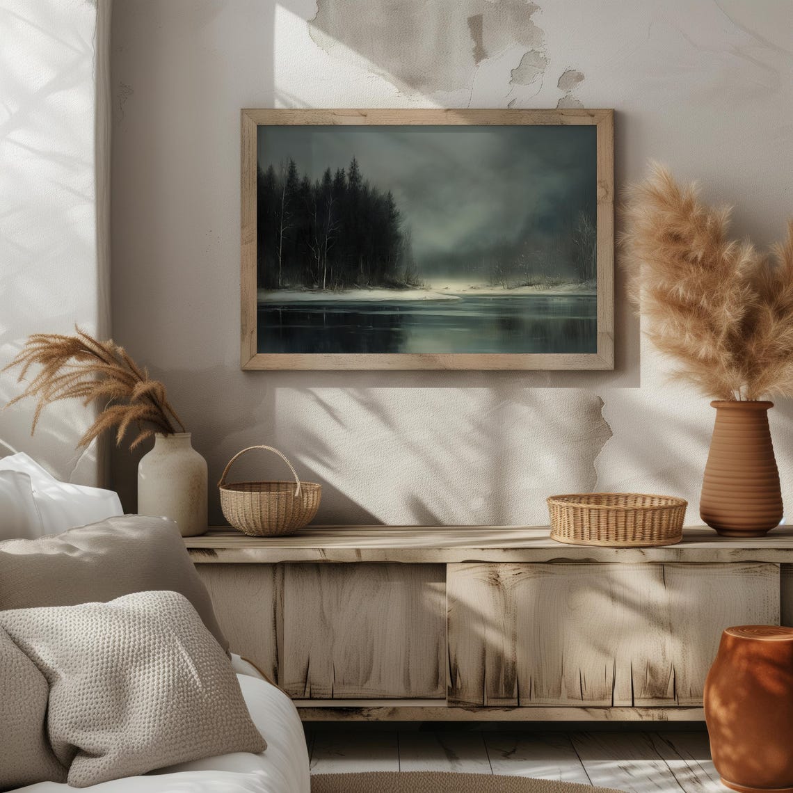 Dark Moody Winter Lake Pine Forest Dusk Vintage Atmospheric Art Poster - Image 2