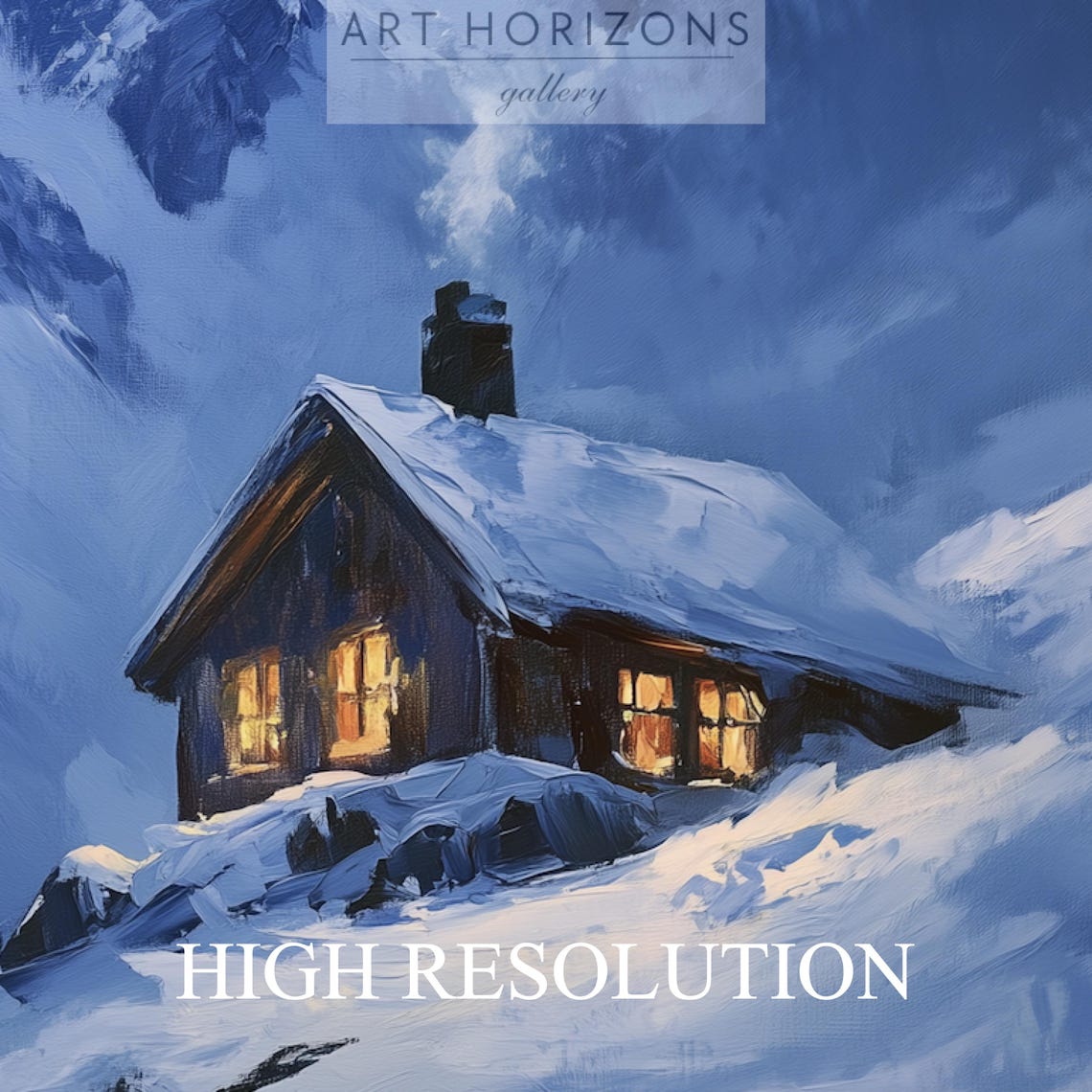 Cozy Cabin With Glowing Windows In Snowy Alpine Peaks Night Art Poster - Image 3