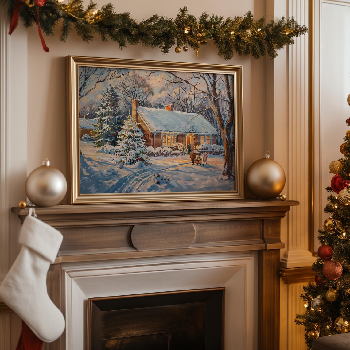 Snowy Brick Family House Sunset Sled Christmas Vintage Wall Art - Image 2