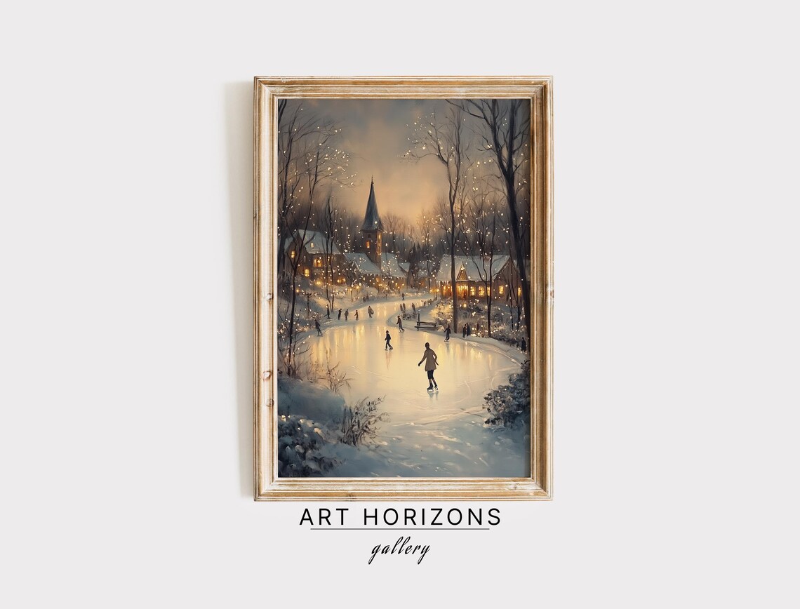 Village Ice Skating Pond Dusk Warm Cottages Church Spire Art Print