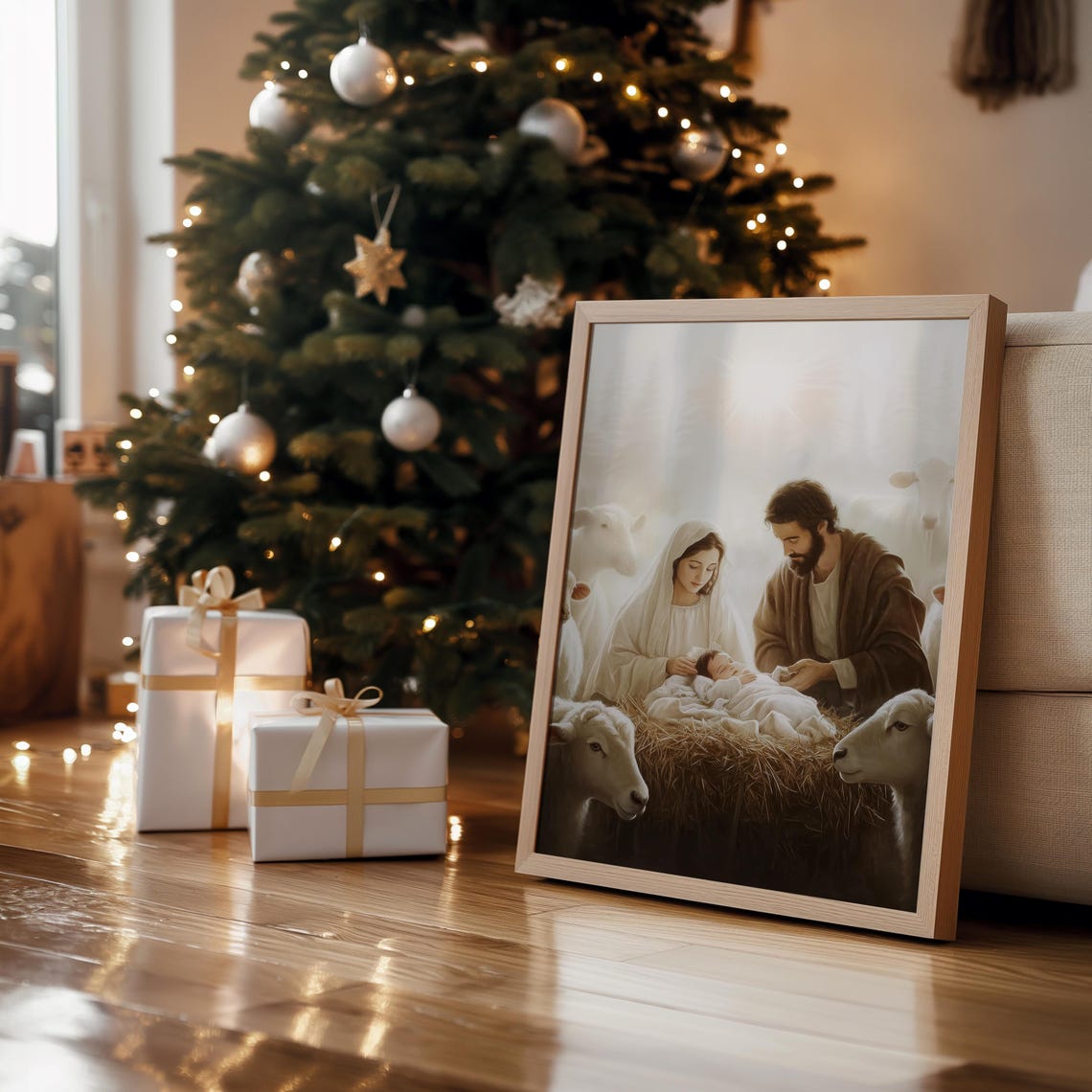 Holy Family Nativity Manger Sheep Soft Light Christmas Painting Print - Image 2