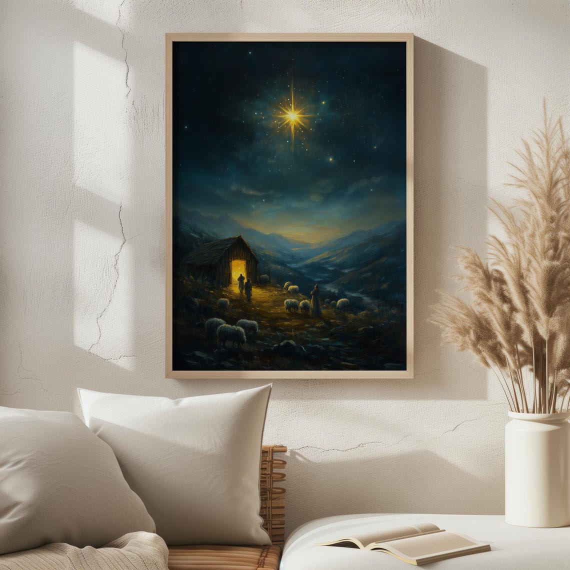 Nativity Starry Night Shepherds Sheep Glowing Stable Christmas Print - Image 2