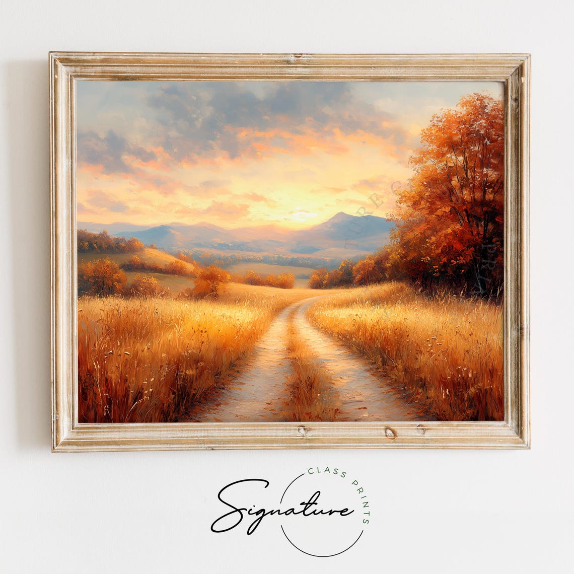 Golden Fields Dirt Road Sunset Mountain Horizon Painting Print