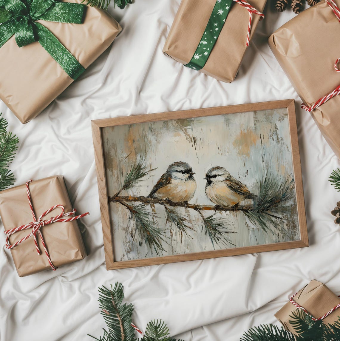 Two Chickadees Perched On A Pine Branch In Soft Winter Hues Poster - Image 2