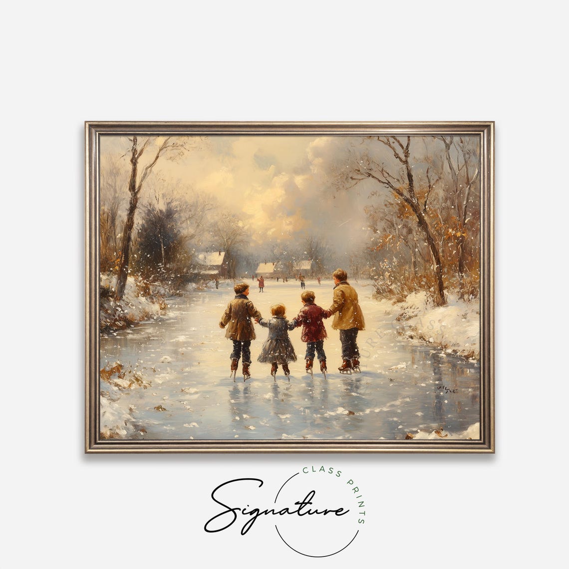 Four Children Ice Skating On A Frozen Pond At Golden Sunset Poster - Image 4