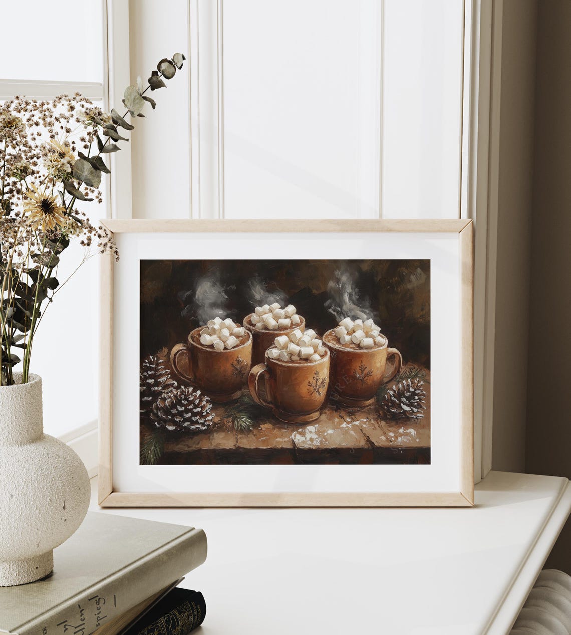 Four Steaming Cocoa Mugs With Marshmallows And Pinecones Poster - Image 6
