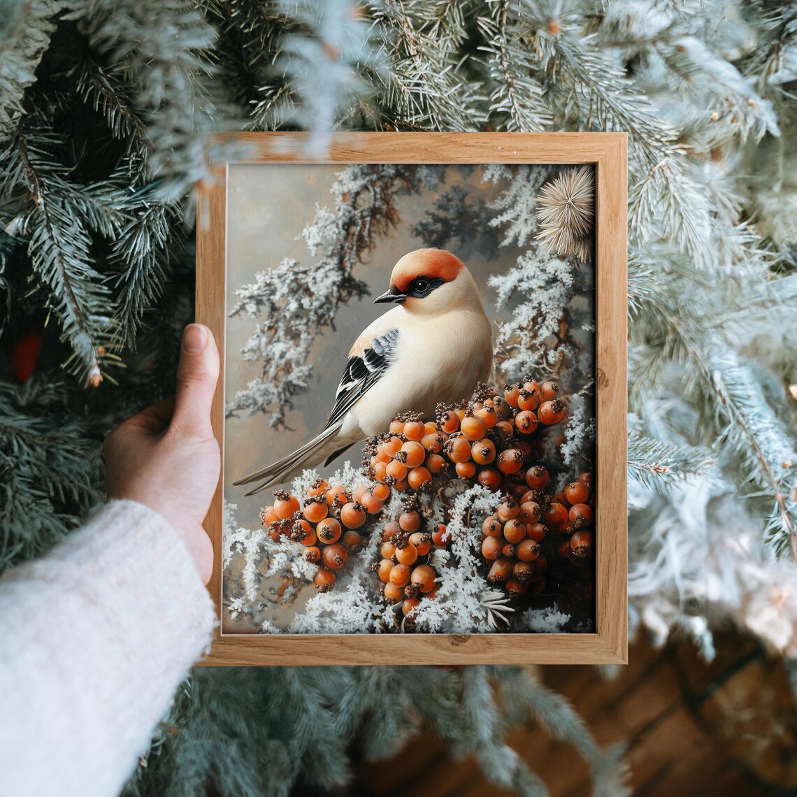 Songbird Perched Among Orange Winter Berries Frost Still Life Art Poster - Image 6