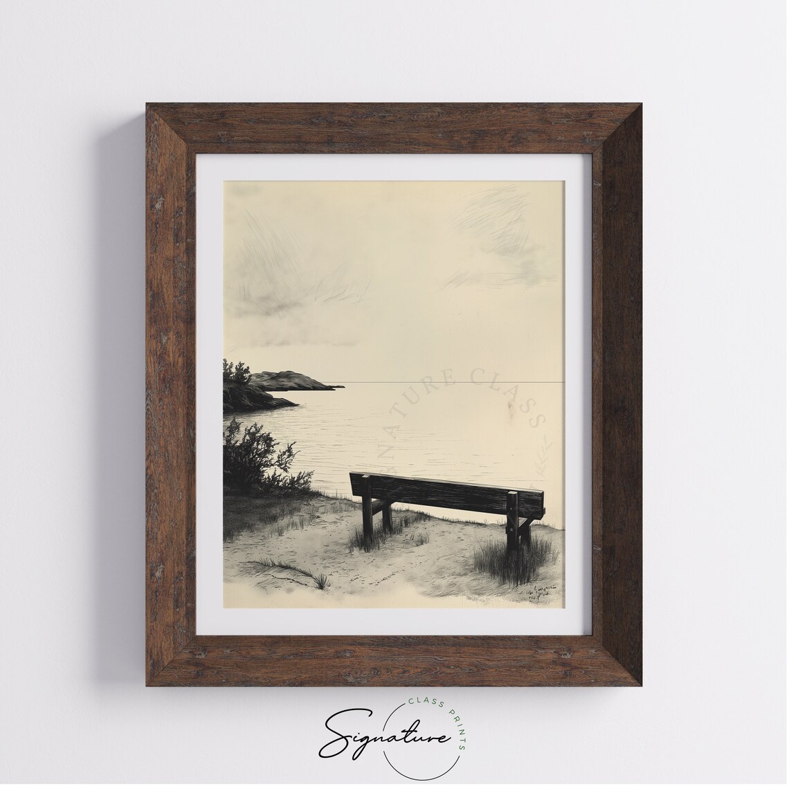Secluded Cove Bench Overlook Ink Sketch Coastal Calm Minimalist Art Poster - Image 4