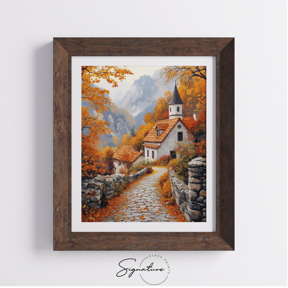 Mountain Village Church on Cobblestone Street in Glowing Autumn Light Wall Art - Image 4