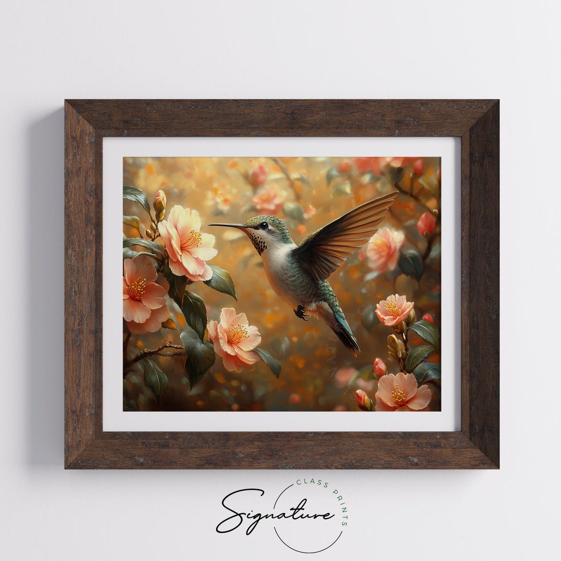 Hummingbird Among Peach Camellia Blossoms Golden Floral Wall Art - Image 5