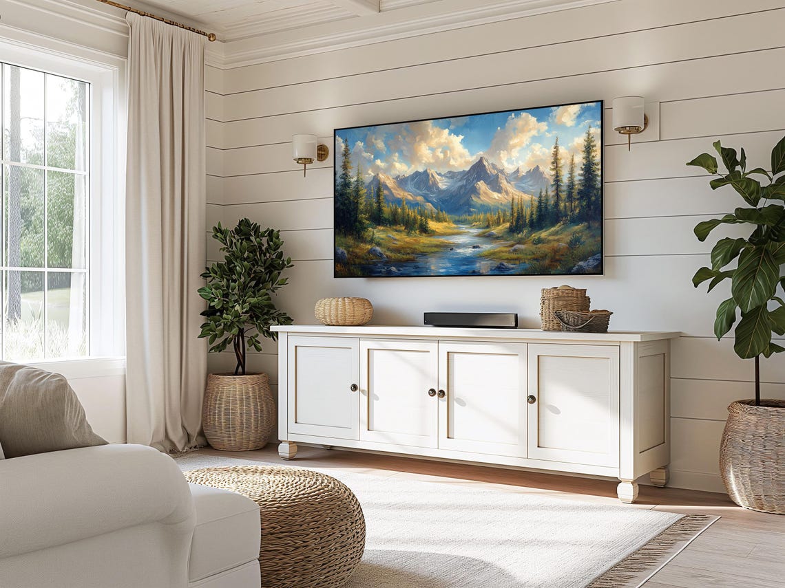 Alpine Mountain River Winding Through Pine Forest Frame TV Wall Art - Image 5