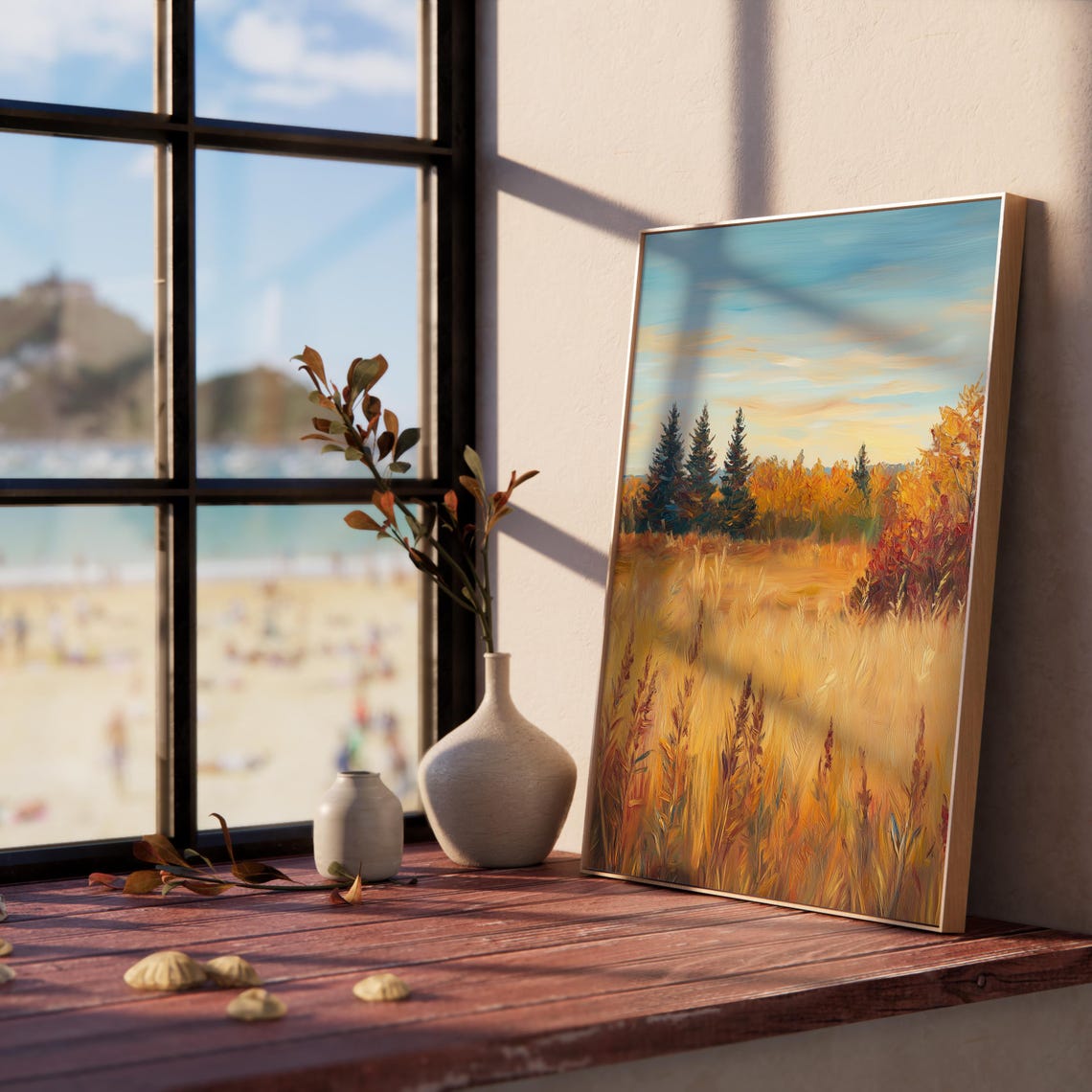 Golden Autumn Meadow with Evergreens and Rustling Tall Grasses Poster - Image 5